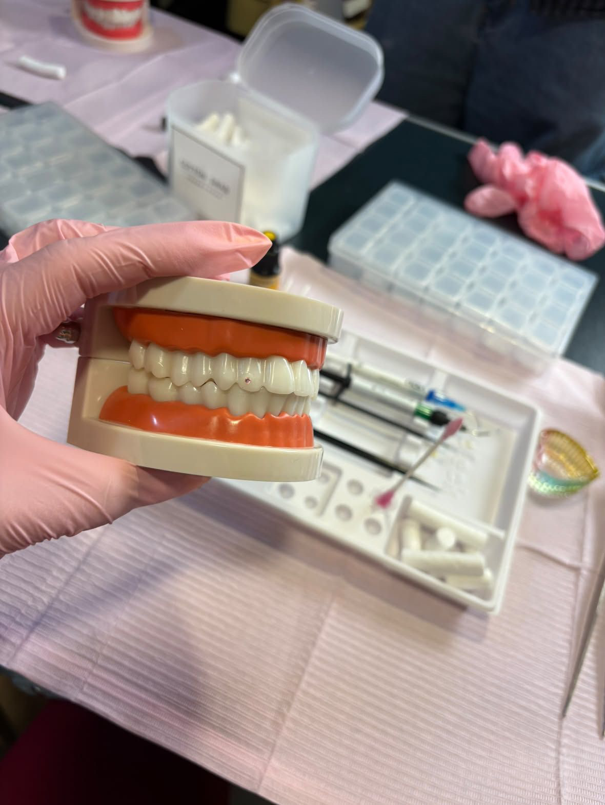 Practice model with a tooth gem applied during training